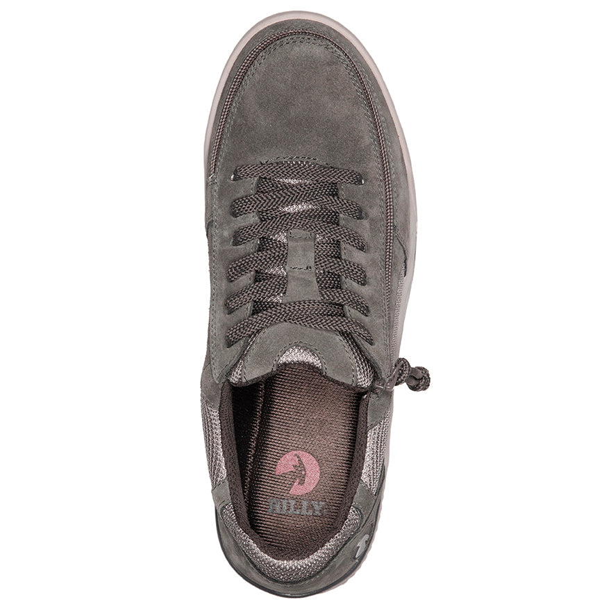 Men's Charcoal Suede/Mesh BILLY Comfort Classic Lows featuring adjustable laces and wraparound zipper for easy on-off, shown in a close-up of grey shoe.