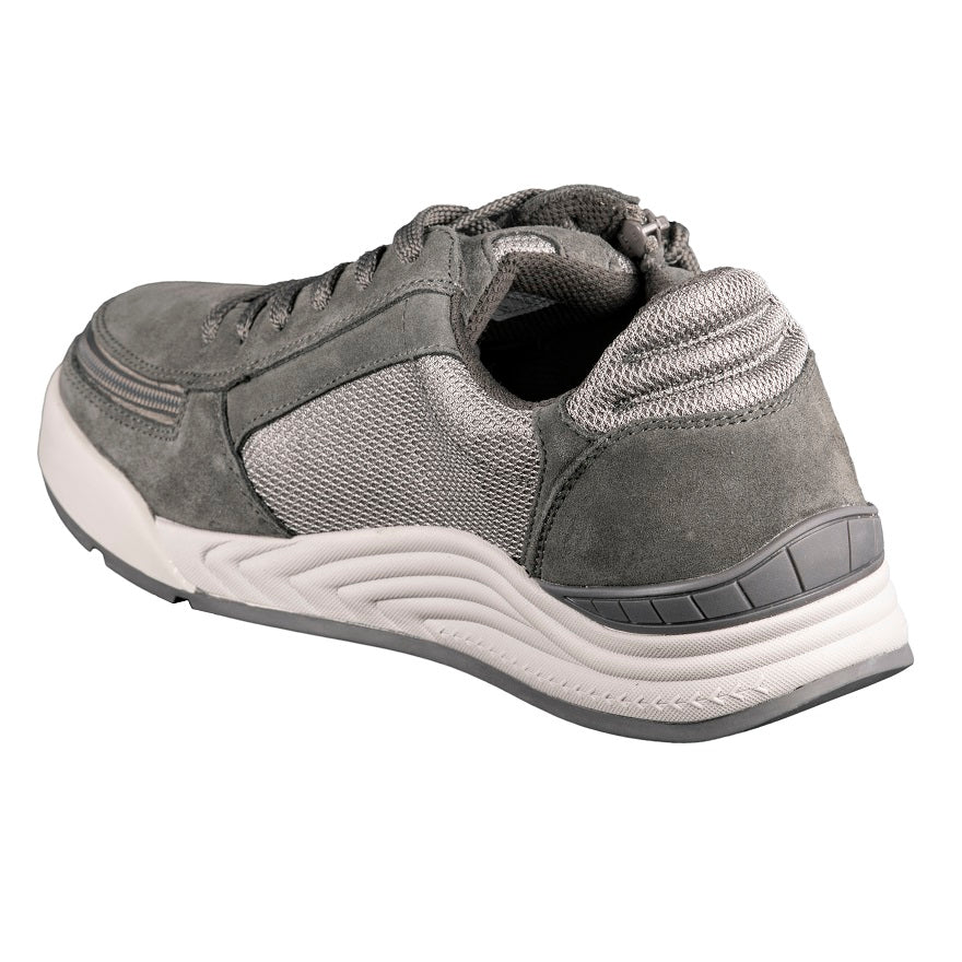 Men's Charcoal Suede/Mesh BILLY Comfort Classic Lows featuring a wraparound zipper for easy wear, with a durable EVA foam and rubber sole.