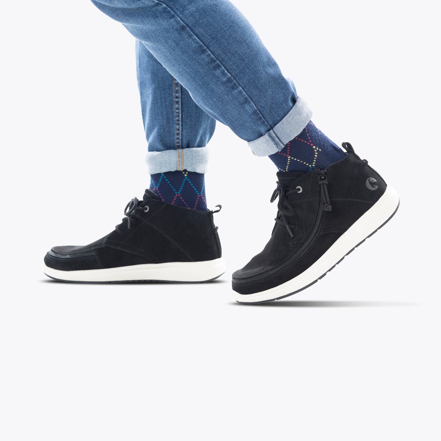 Men's Black Suede BILLY Comfort Chukka shoes with zipper, shown worn with blue jeans, designed for easy accessibility and style.