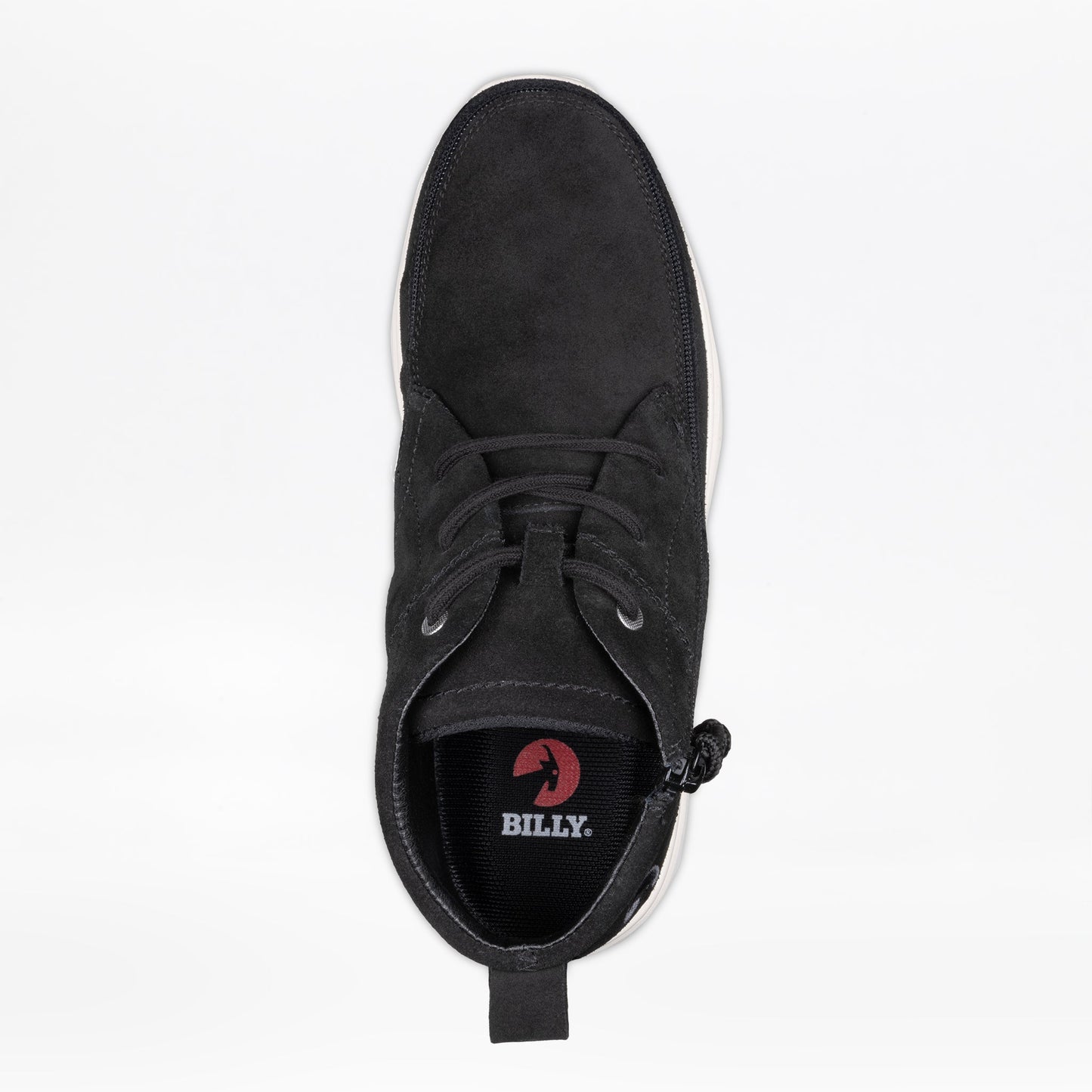 Men's Black Suede BILLY Comfort Chukka with a wraparound zipper and white sole, designed for easy wear and removal.