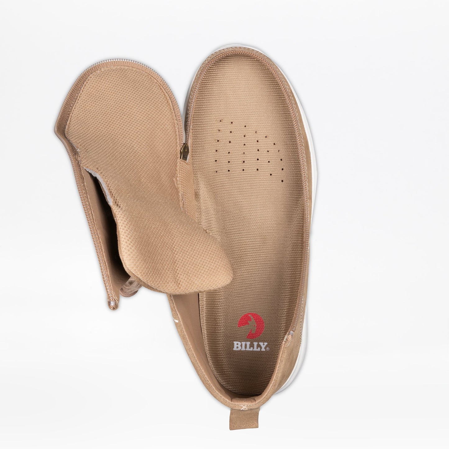 Men's Sand Suede BILLY Comfort Chukka with wraparound zipper for easy wear, featuring visible zipper and logo details.