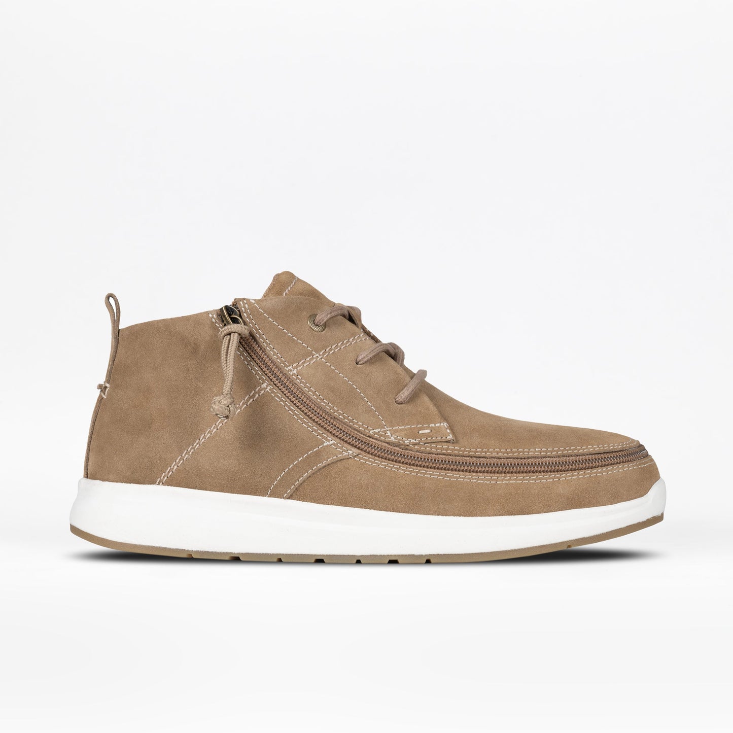 Men's Sand Suede BILLY Comfort Chukka, featuring a wraparound zipper for easy wear, showcased with a white sole and visible laces.