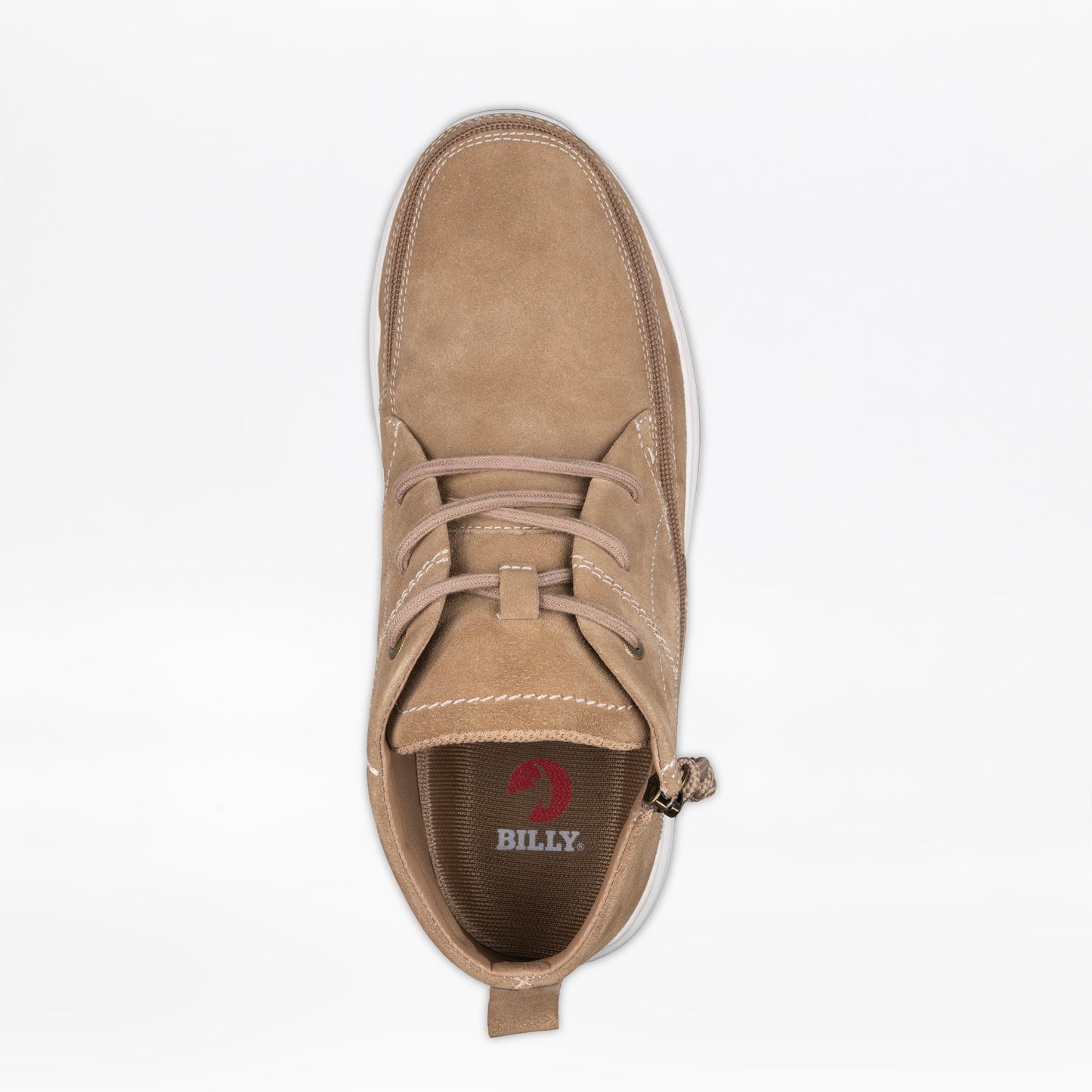 Men's Sand Suede BILLY Comfort Chukka with white sole, featuring a wraparound zipper for easy entry, shown close-up emphasizing the shoe's design and logo.