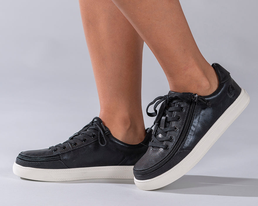 Women's Black Shine BILLY Classic Lace Lows showcasing faux leather upper, lightweight canvas interior, and rubber tread outsole, designed for style and comfort in walking.