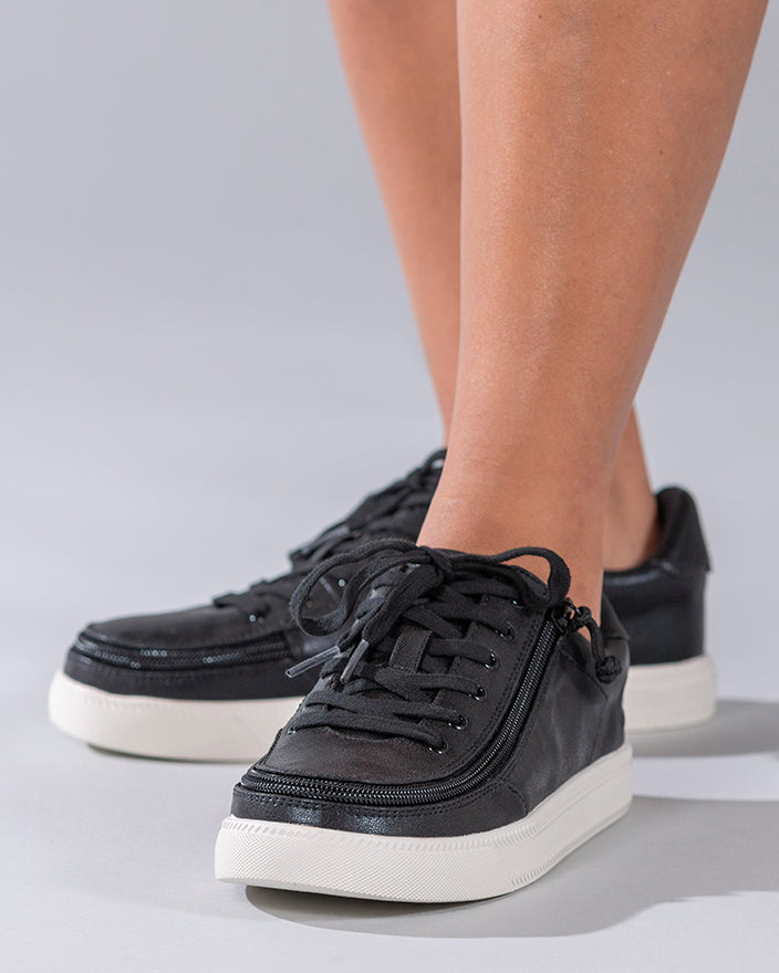 Women's Black Shine BILLY Classic Lace Lows, featuring faux leather upper, lightweight canvas inner, and rubber tread outsole, designed for comfort and ease with adjustable laces.