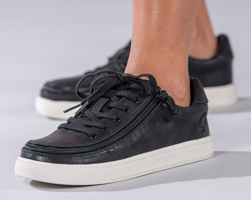 Women's Black Shine BILLY Classic Lace Lows featuring a sleek faux leather upper, visible lightweight canvas inner, and adjustable cotton blend laces.