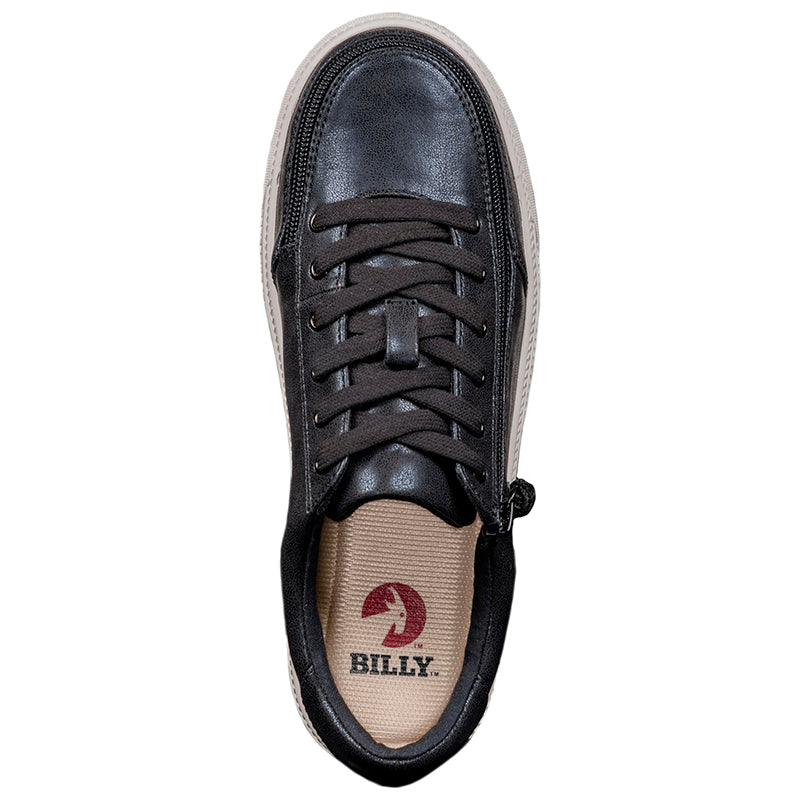 Women's Black Shine BILLY Classic Lace Lows featuring faux leather upper, brown cotton blend laces, and removable insoles. Suitable for diverse footwear needs.