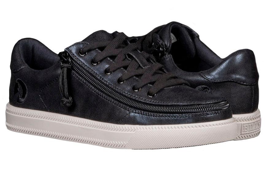 Women's Black Shine BILLY Classic Lace Lows featuring a zipper, white sole, faux leather upper, and adjustable laces for easy accessibility.
