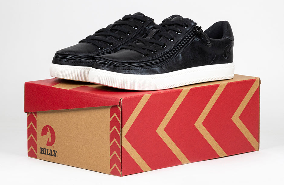 Women's Black Shine BILLY Classic Lace Lows on a red box, featuring faux leather upper, lightweight canvas inner, and rubber tread outsole.