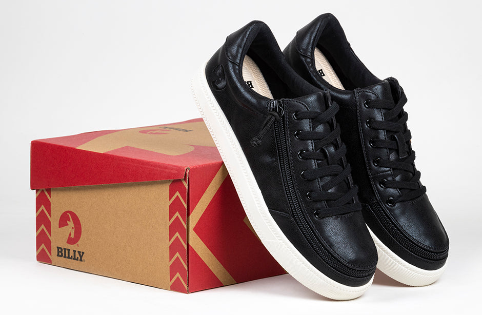 Women's Black Shine BILLY Classic Lace Lows displayed on a box, featuring faux leather upper and rubber tread outsole.