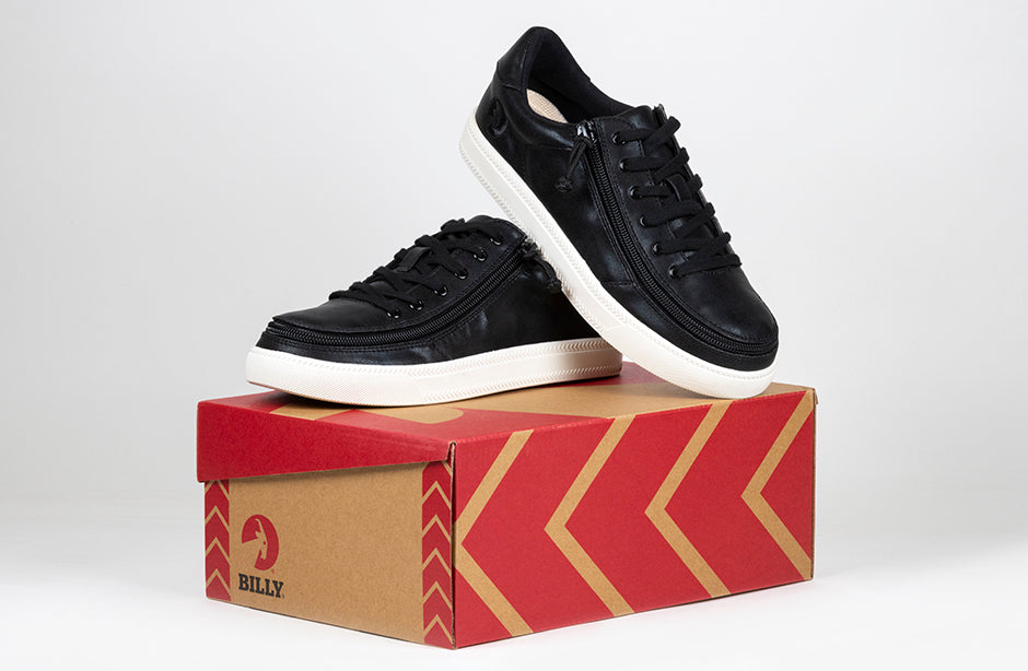 Women's Black Shine BILLY Classic Lace Lows, featuring faux leather upper on a shoe box, showcasing adjustable cotton blend laces and rubber tread outsole.