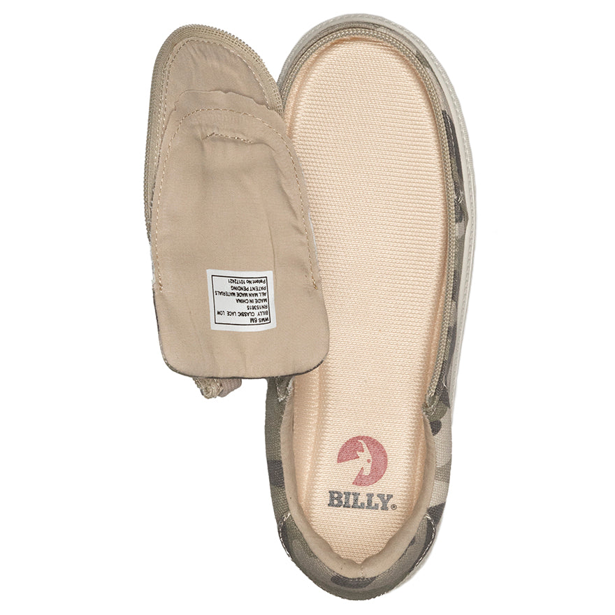 Women's Natural Camo BILLY Classic Lace Lows, featuring a camouflage print on canvas with adjustable laces and rubber tread outsole, suitable for various sizes.