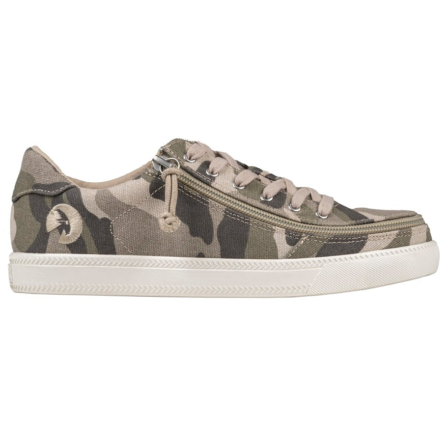 Women's Natural Camo BILLY Classic Lace Lows, featuring camouflage print, white sole, adjustable cotton-blend laces, and removable insoles. Ideal for comfortable, stylish walking.