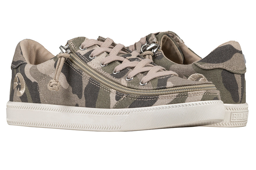 Women's Natural Camo BILLY Classic Lace Lows, featuring camouflage print, adjustable cotton-blend laces, and rubber tread outsole, designed for accessibility and comfort.