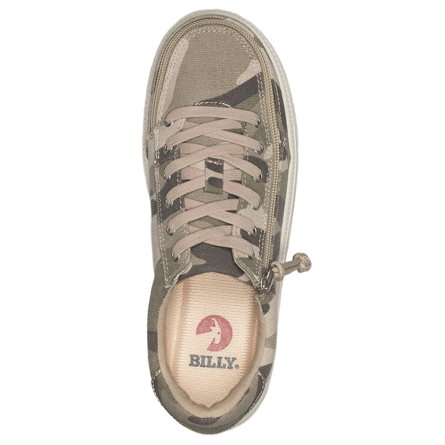 Women's Natural Camo BILLY Classic Lace Lows, featuring a camouflage pattern, adjustable cotton-blend laces, and a rubber tread outsole for durable, stylish comfort.