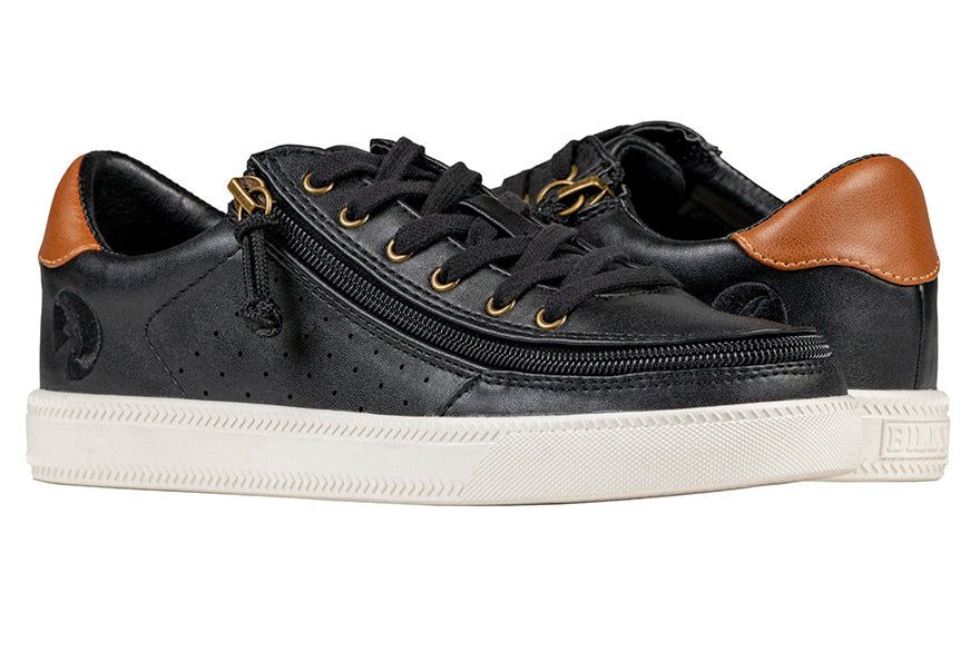 Women's Black BILLY Low Sneakers featuring faux leather upper, lightweight canvas inner, and rubber outsole, designed for accessibility and comfort with adjustable cotton blend laces.