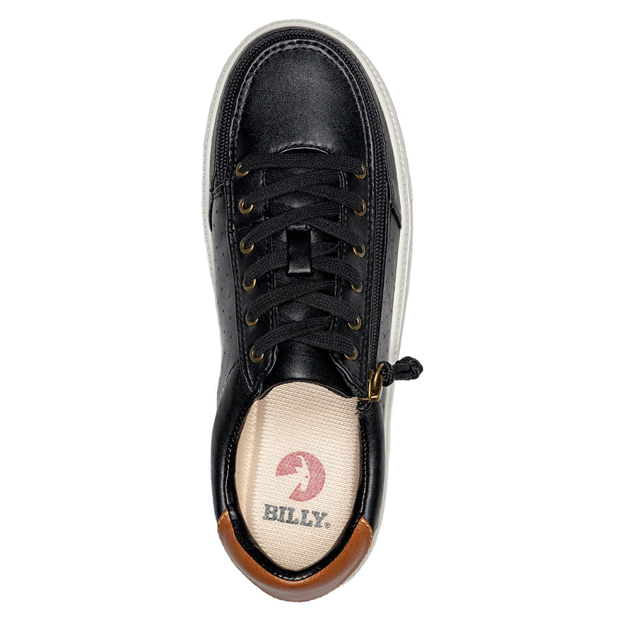 Women's Black BILLY Low Sneakers, featuring faux leather upper, lightweight canvas inner, and rubber tread outsole, designed for easy access and comfort.