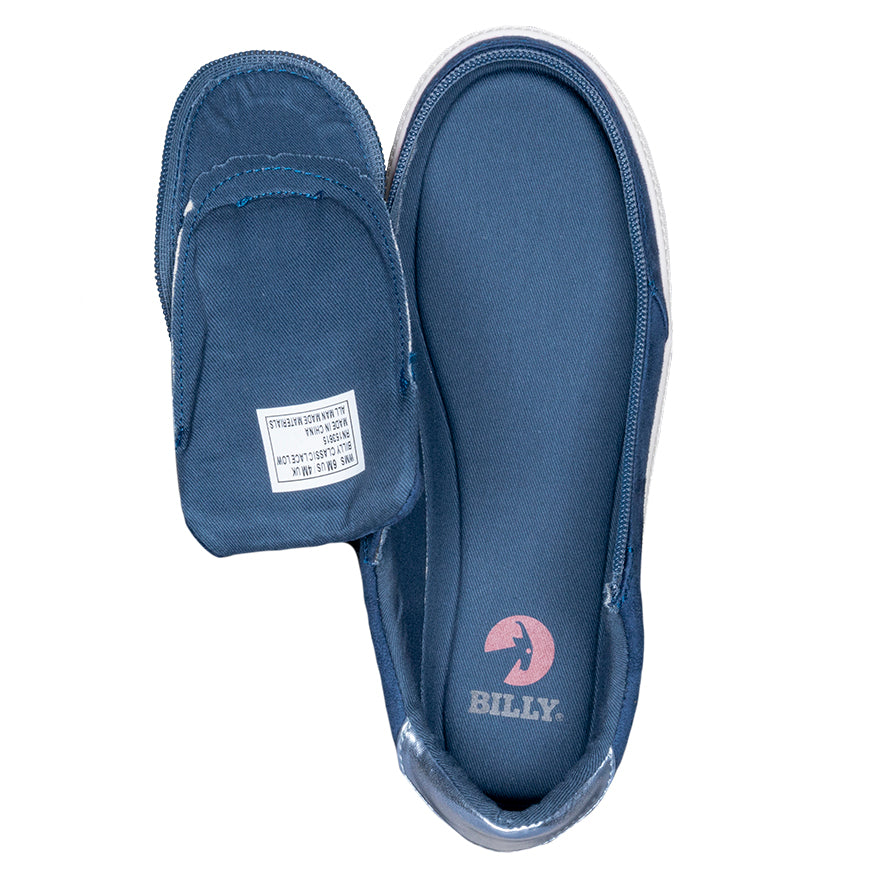Women's Steel Blue BILLY Classic Lace Lows, featuring a faux-suede design, dinosaur logo, functional laces, and convenient wraparound zipper for easy wear.