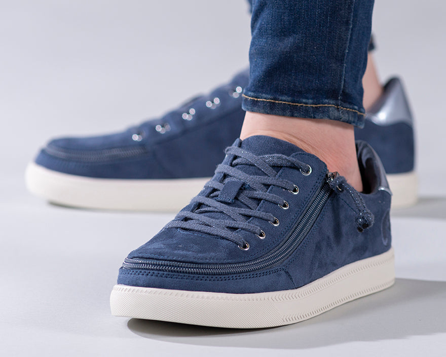 Women's Steel Blue BILLY Classic Lace Lows with faux suede texture, metallic heel detail, and functional laces, featuring a wraparound zipper for easy access.