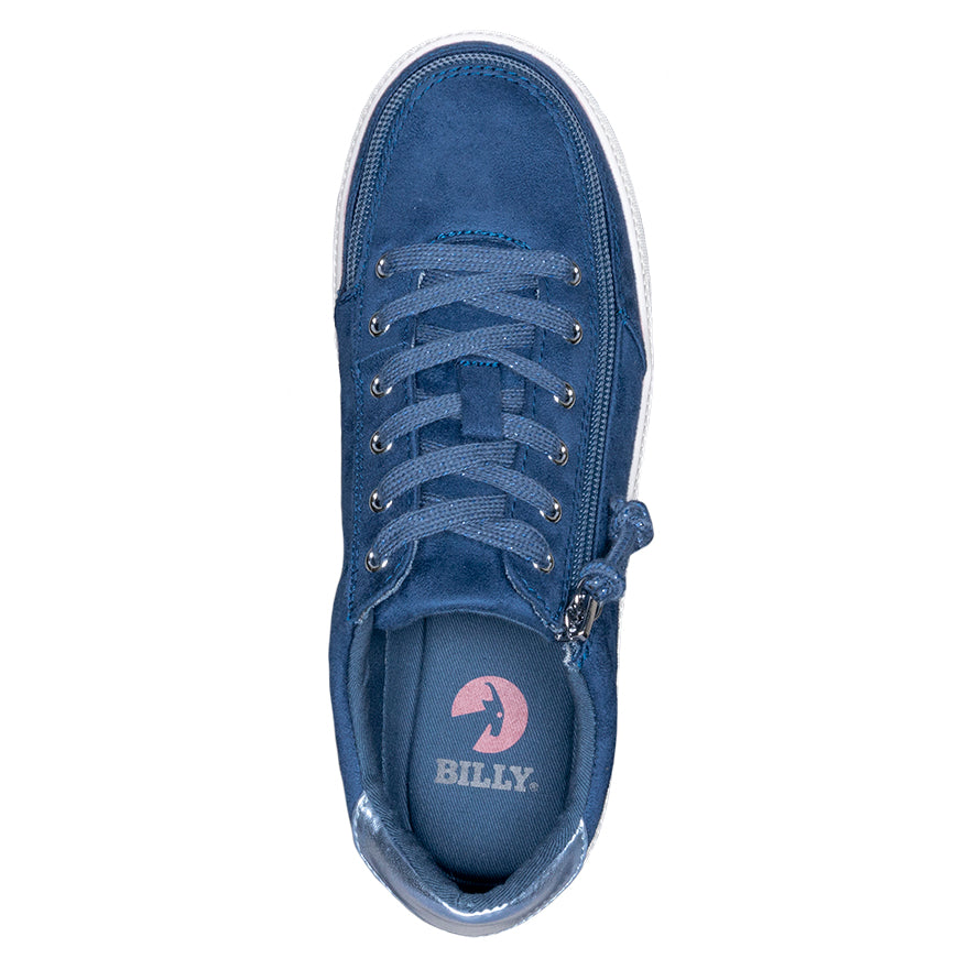 Women's Steel Blue BILLY Classic Lace Lows with faux suede, metallic heel highlight, and wraparound zipper, offering comfort and style with cushioned insoles and durable rubber outsoles.