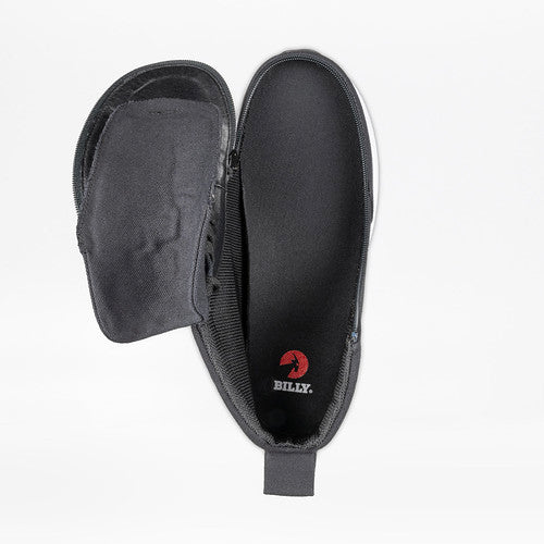 Men's Black Billy Goat Classic High, AFO-friendly shoe with a short-wrap zipper for easy access, featuring a black cover and logo-embossed case.