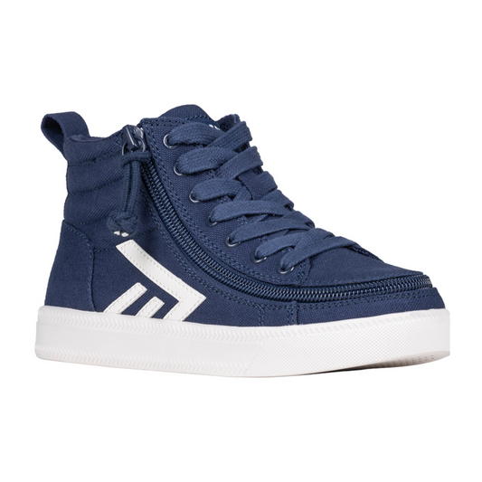 Close-up of Toddler Navy/White CS Canvas Shoes featuring a wraparound zipper and functional laces, designed for easy wear and everyday comfort.