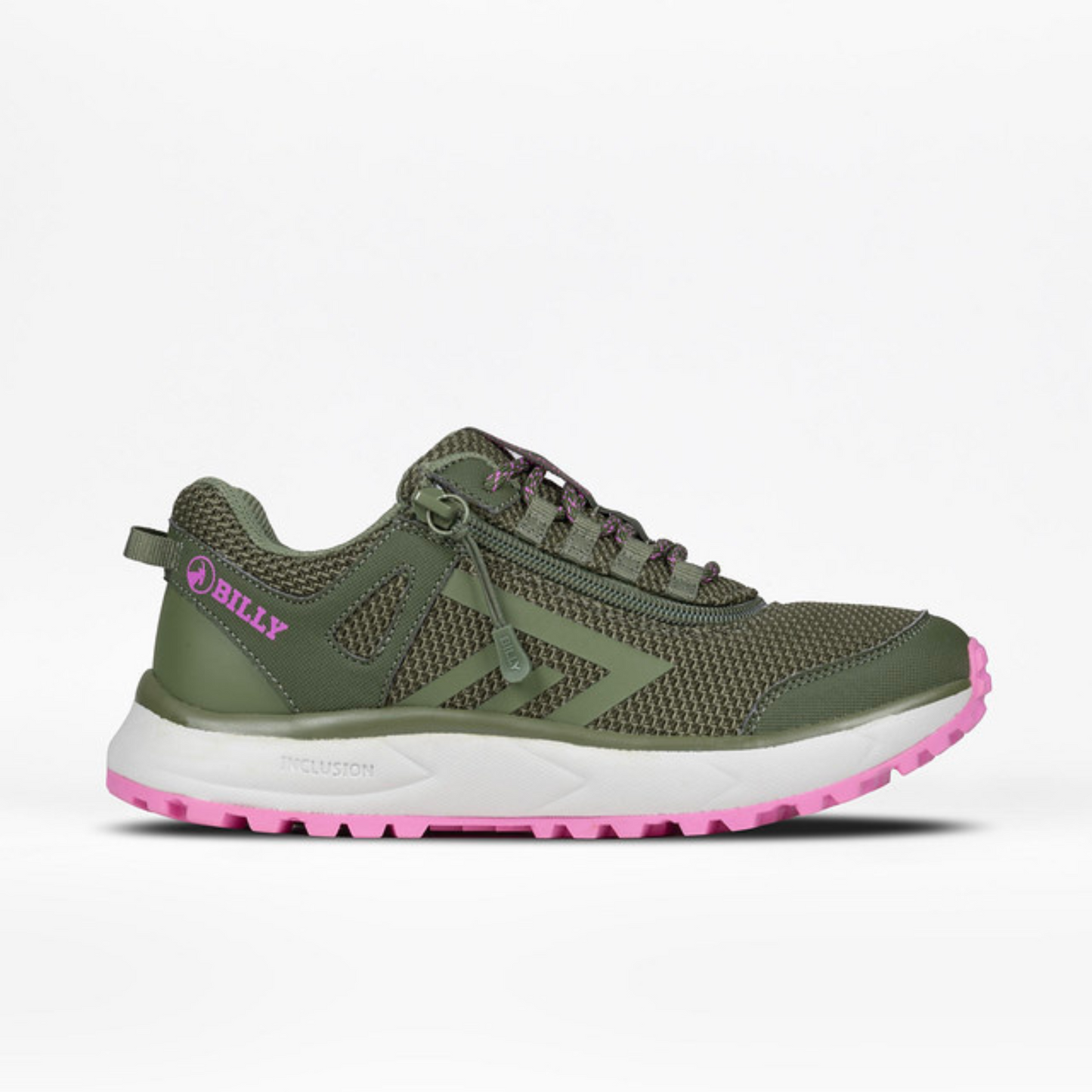 Women's Inclusion Trail Olive/Pink sneakers featuring a padded collar, comfortable insole, and innovative short-wrap zipper for easy wear.