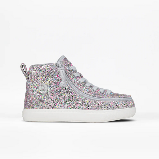 Toddler - Silver Multi Glitter BILLY Classic D|R II High sneaker with multicolored glitter, light gray laces, side zipper, and white rubber sole for easy wear.