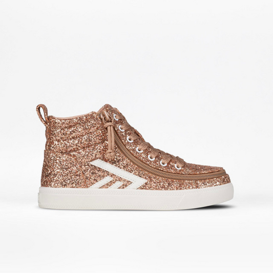 Billy Footwear Rose Gold Glitz CS Canvas Shoes feature high tops, functional laces, removable insoles, and a wraparound zipper for easy access.