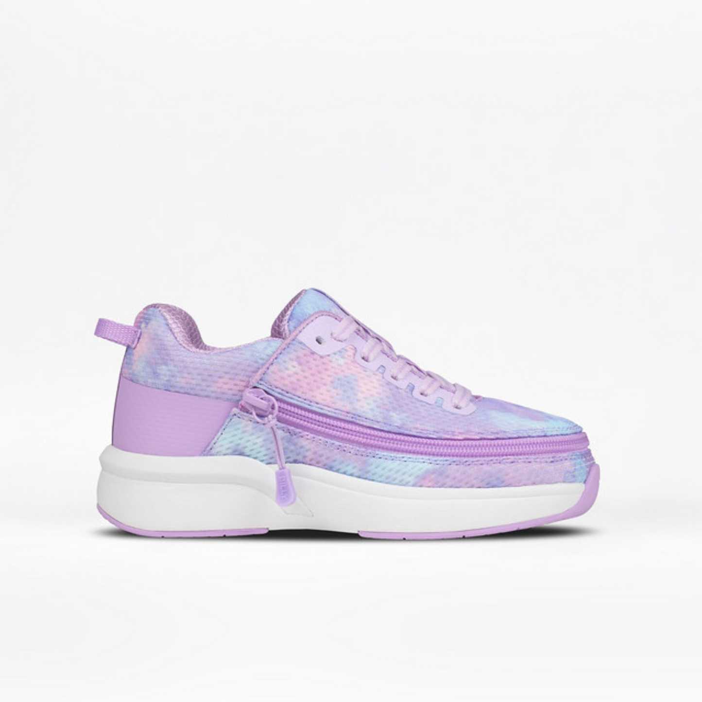 Toddler - Silver Multi Glitter BILLY Classic D|R II High sneaker with pastel tie-dye, lavender accents, and a convenient wraparound zipper for easy access.