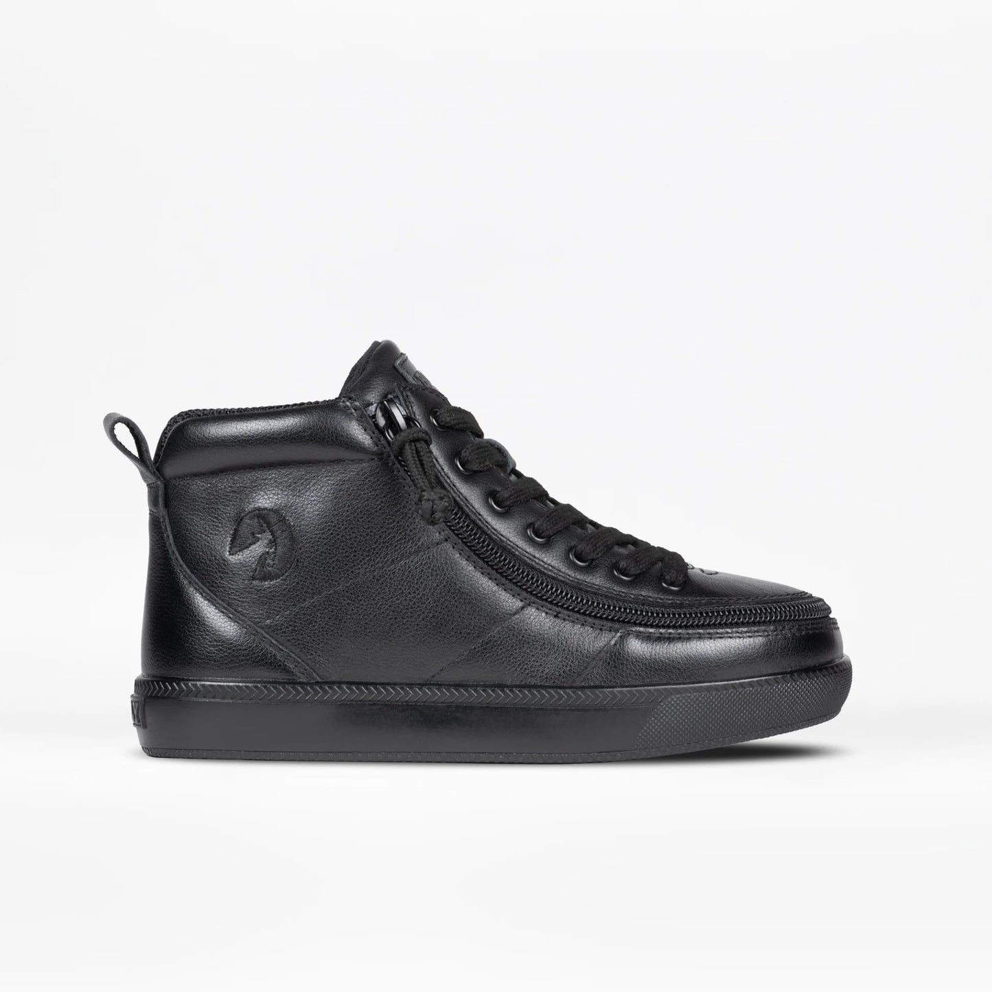 Black to the Floor Leather BILLY Classic Lace High Tops, featuring adjustable cotton-blend laces, leather upper, and rubber outsole, designed for versatile kid's wear.