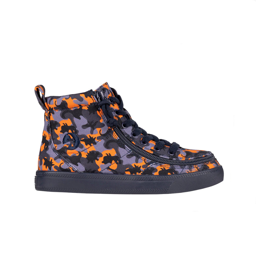 Orange Dino BILLY Classic Lace High Tops featuring functional laces, removable insoles, and wraparound zipper, designed for easy wear and custom fit.