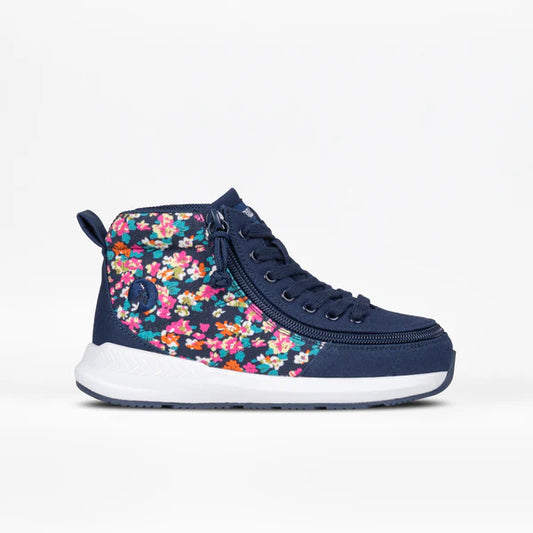 Toddler Navy Floral High Top shoe with pink and blue flowers, AFO-friendly design, featuring a full wrap zipper for easy access.