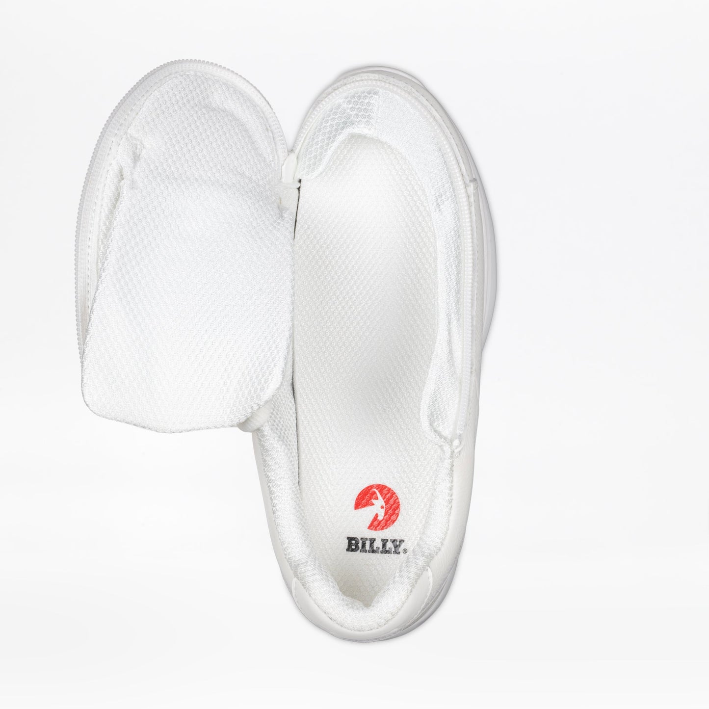 Billy Footwear Comfort Plush White Leather shoe, featuring durable leather, flexible outsole, removable cushioned footbed, and a lace-up design, ideal for adaptive needs.