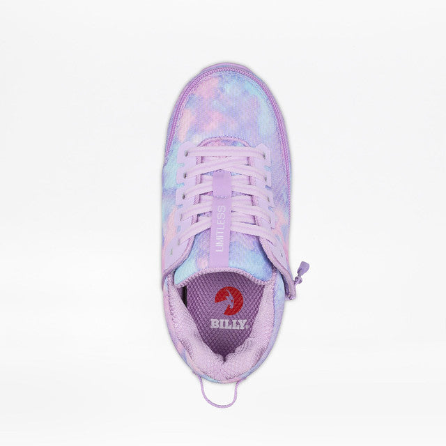 Toddler - Lilac Watercolour Limitless Low Top Shoes with pastel tie-dye design, lavender details, and LIMITLESS on tongue label, promoting comfort and independence.