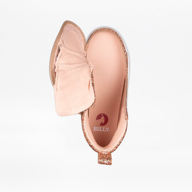 Close-up of Billy Footwear Rose Gold Glitz CS Canvas Shoes, featuring a pink cloth interior, functional laces, and a wraparound zipper for easy access.