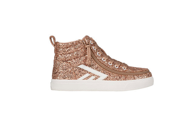 Billy Footwear (Toddler) - Rose Gold Glitz CS Canvas Shoes featuring a high-top design, functional laces, removable insoles, and a convenient wraparound zipper for easy access.