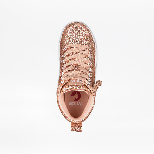 Rose Gold Glitz BILLY CS Canvas Shoes, featuring a glittery high-top design with functional laces, removable insoles, and a wraparound zipper for easy wear.
