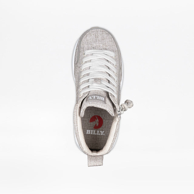 Billy Footwear (Toddler) - Goat High Top Sport Grey Jersey features a close-up of the shoe showcasing its AFO-friendly design and innovative wrap-around zipper.