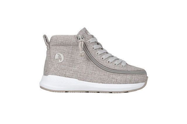Billy Footwear Goat High Top Sport Grey Jersey, close-up of AFO-friendly sneakers featuring a wrap-around zipper and interchangeable cushioned footbed inserts for easy accessibility.