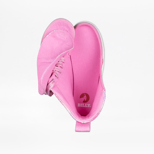 Billy Footwear (Toddler) - High Top Pink Glitz Canvas Shoes with lace-up and FlipTop Technology, featuring a wrap-around zipper for easy on-off access.