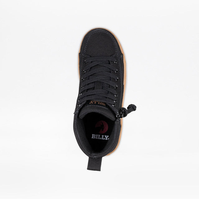 Billy Footwear (Toddler) - Black/Gum CS Canvas Shoes with orange soles, featuring laces, wraparound zipper, and flexible rubber outsoles for easy accessibility and comfort.