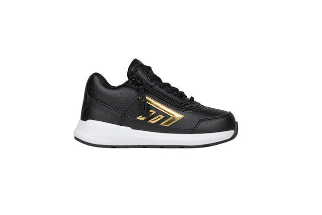 Billy Footwear (Toddler) - Goat Hoop Black/Gold: A black and gold sneaker with wrap-around zipper, designed for easy access and AFO compatibility.