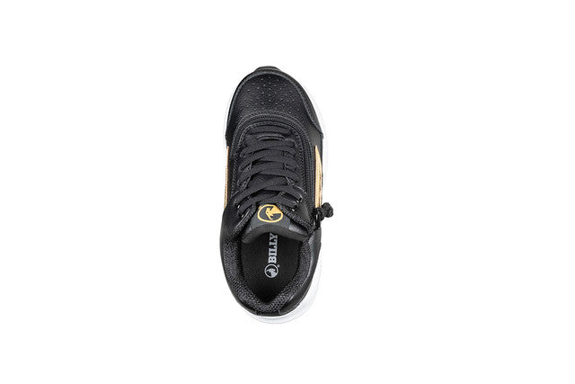 Billy Footwear (Toddler) - Goat Hoop Black/Gold sneaker, featuring FlipTop Technology with wrap-around zipper, canvas texture, and interchangeable cushioned footbed inserts for easy wear.