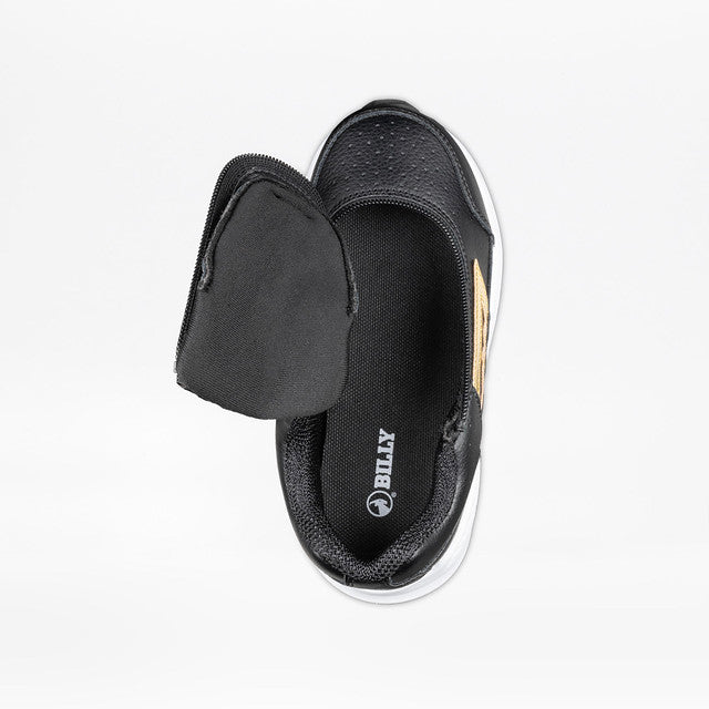 Billy Footwear (Toddler) - Goat Hoop Black/Gold, featuring a black shoe with a white sole, black strap, and wrap-around zipper for easy access.