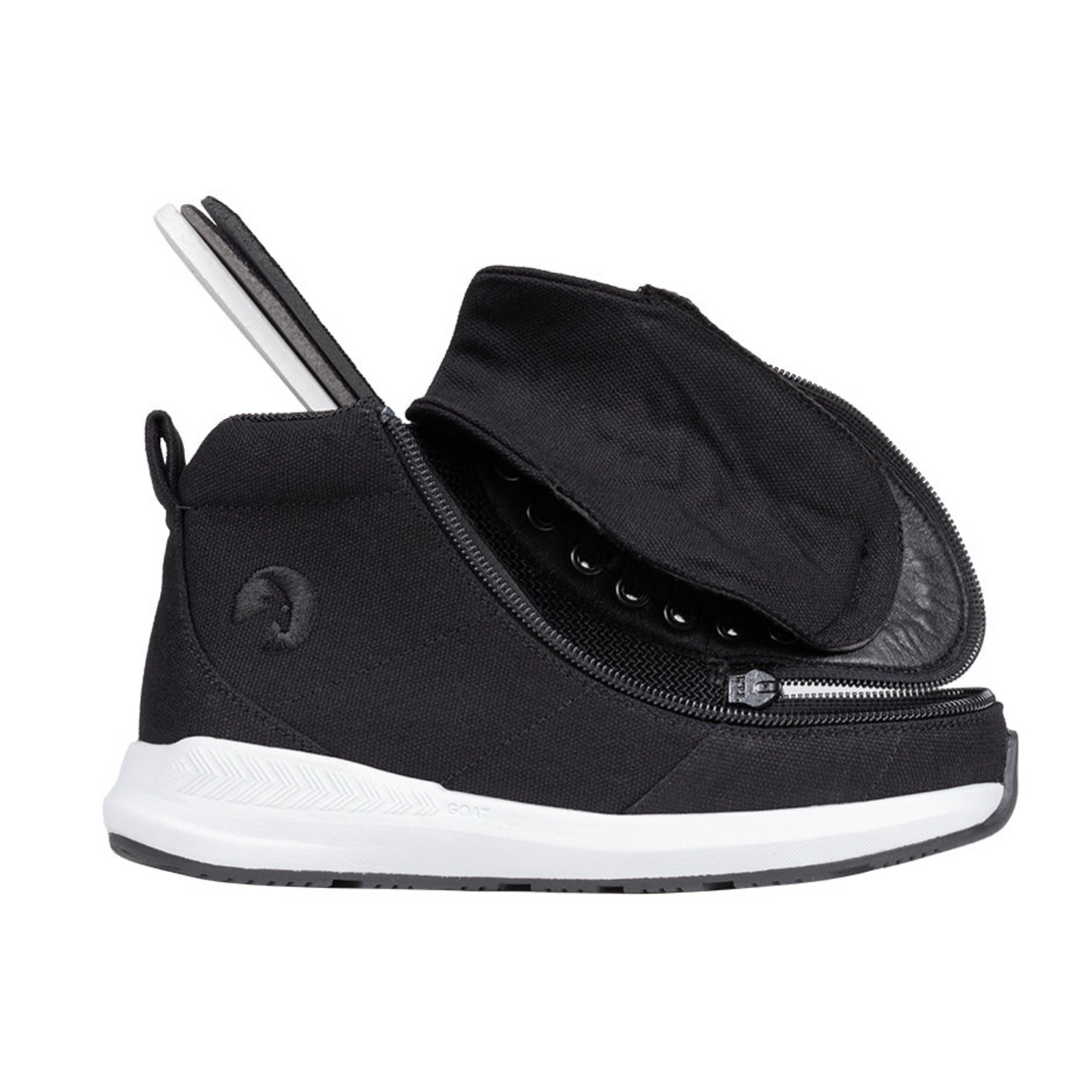 Billy Footwear (Toddler) - Goat High Top Sport Black, featuring a black shoe with a convenient wrap-around zipper for easy access, designed for AFO compatibility.