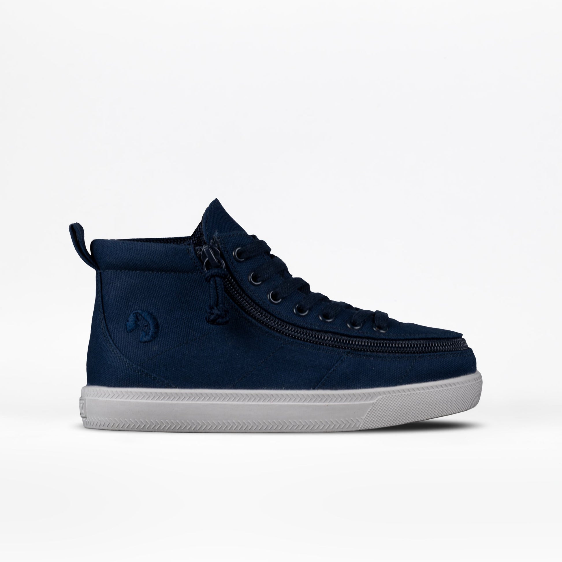 Navy BILLY Classic D|R High Top shoe with adjustable laces, full-wrap zipper, and durable polyester fabric, designed for AFO compatibility and custom orthotic use.
