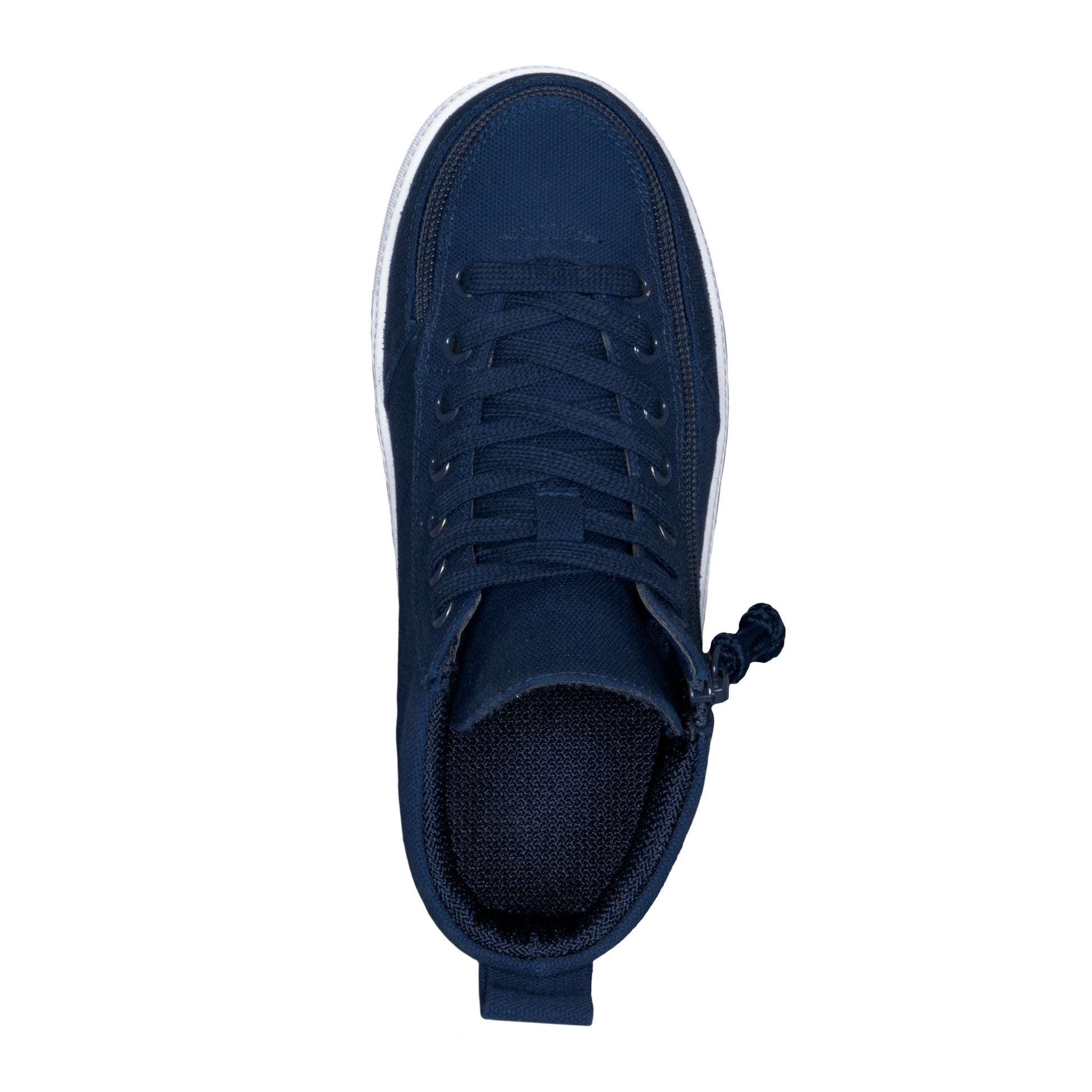 Navy BILLY Classic D|R High Top shoe with white sole, featuring adjustable laces, thick knit fabric, and full-wrap zipper for easy access.