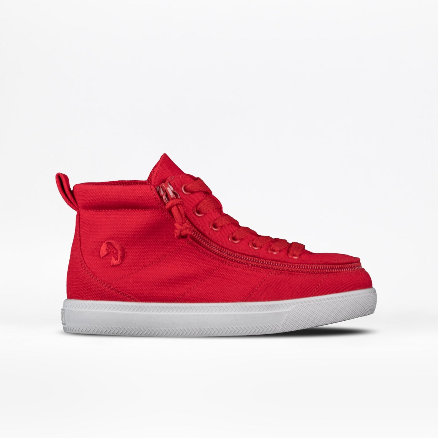 Red BILLY Classic D|R High Top shoe with white sole, adjustable laces, and full-wrap zipper for easy access, designed for AFO compatibility and durability.