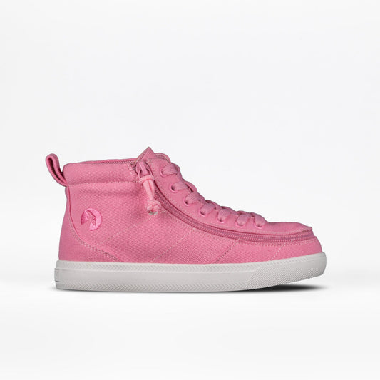 Pink BILLY Classic D|R High Top shoe featuring a white sole, adjustable laces, and a full-wrap zipper for easy accessibility.